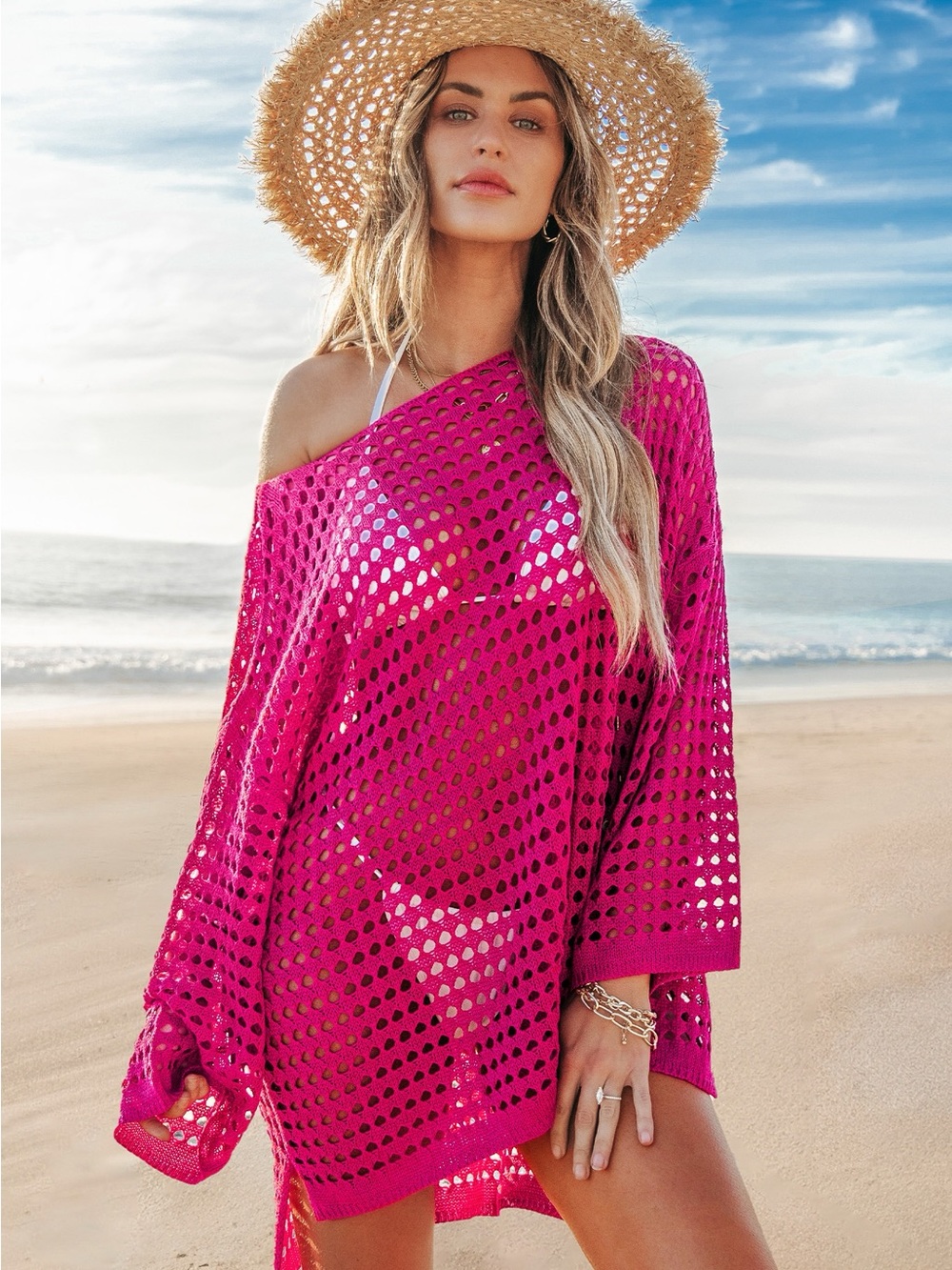 Cupshe Fuchsia Open-Knit Off-Shoulder Swim Cover-Up